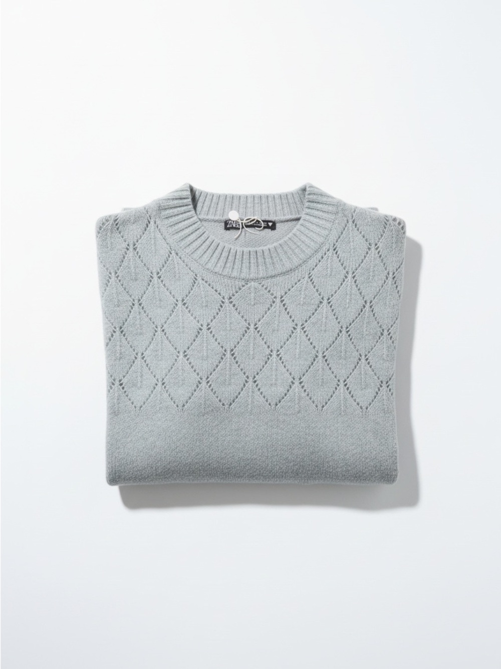 Zara Light Gray Diamond Lattice Pointelle Knit Crewneck Sweater Small NWT